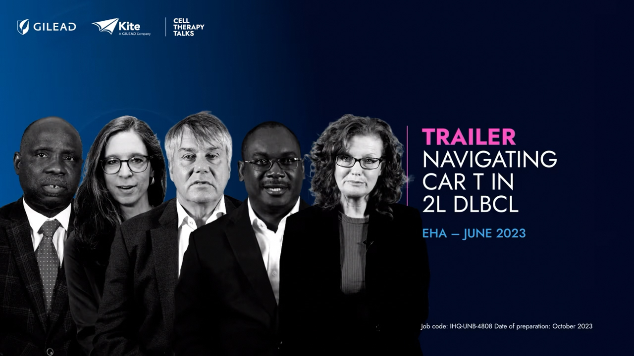 Prof. Bertram Glaß, Dr Keith Wilson, Dr Olalekan Oluwole, Dr Eva Wagner-Drouet and Lorna Warwick present at EHA (Navigating CAR T in 2L DLBCL)